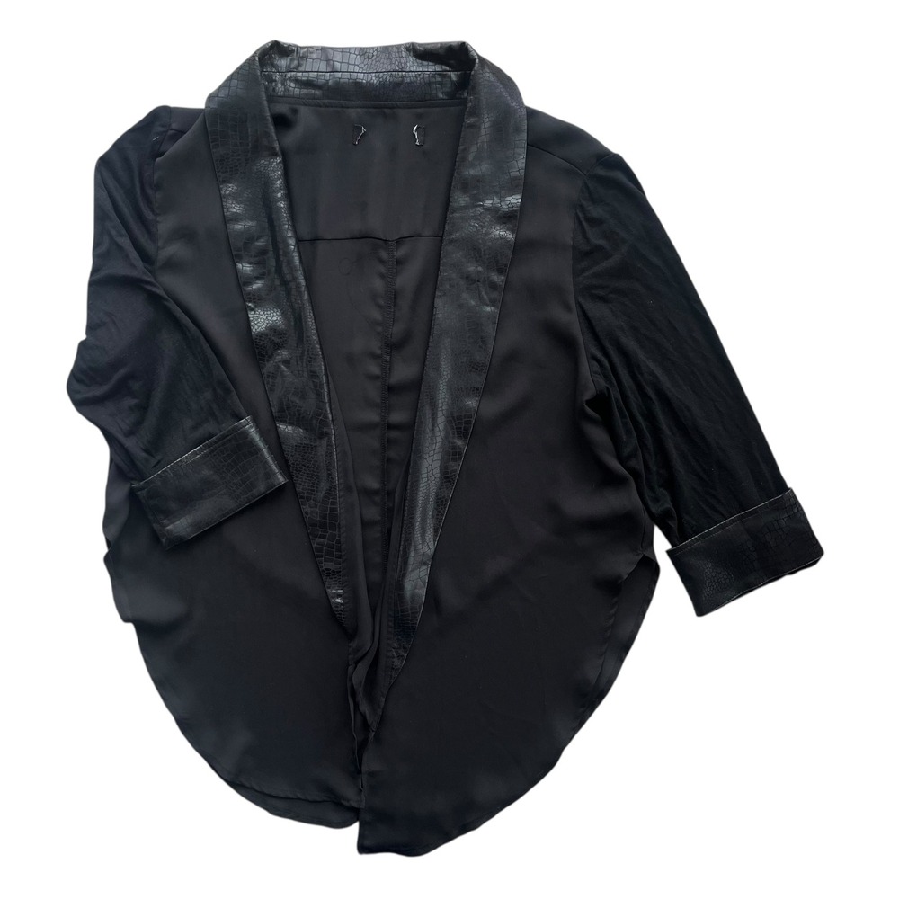 Womens L-XL Black Faux Leather Trim Croc Embossed Open Front Drape Blazer Jacket